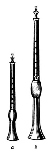 Рис. 3. Гобои XVII в.: а - дискантовый; b - теноровый, или поммер